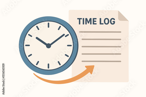 Time management concept with clock and time log document. Vector for productivity, work efficiency, schedule planning. Business icon for project tracking, deadline report, task list.