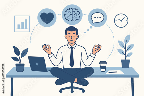 Businessman meditating at office desk for mental health. Man practicing mindfulness and yoga for stress relief. Concept of balance, calm, emotions, work-life balance, productivity.