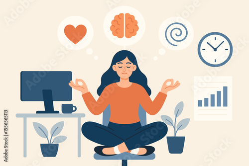 Businesswoman meditating in lotus pose at office desk. Mindfulness break concept for stress management and mental health. Employee well-being, work-life balance, and calm focus.