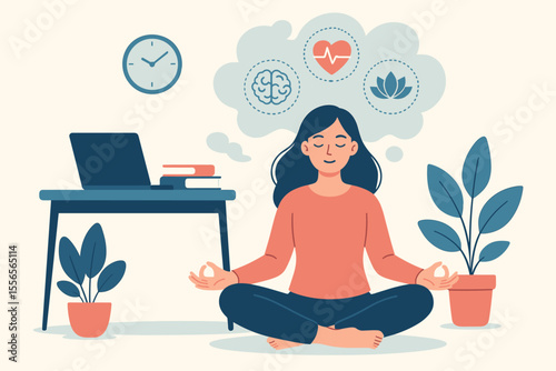 Workplace wellness vector concept. Businesswoman meditating in lotus pose for mental health, stress relief and emotional balance. Mindful break for body and mind harmony. Flat art.