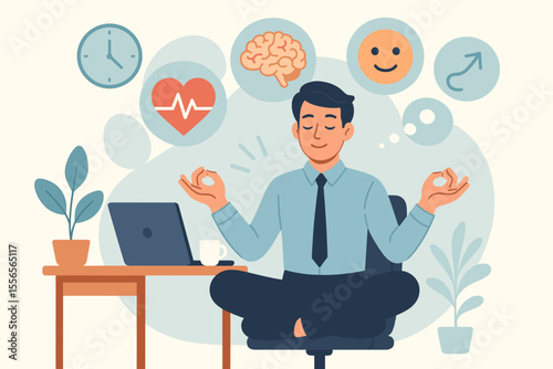 Meditation at work concept. Businessman practicing mindfulness yoga on an office chair for stress relief, mental health and relaxation. Health benefits for body and mind. Vector.