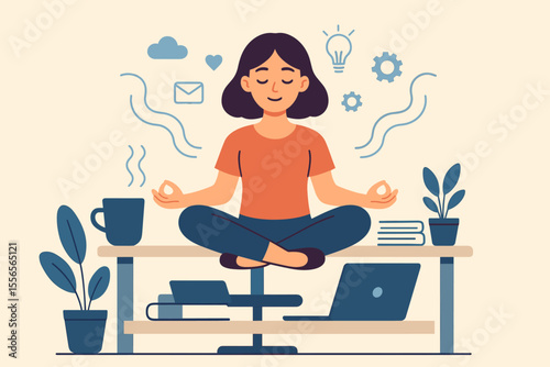 Office meditation concept. Woman doing yoga on desk for stress relief. Employee taking a break for mindfulness, mental health, and work-life balance. Calm vector illustration.