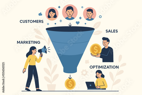 Digital marketing sales funnel vector illustration. Concept of lead generation, customer acquisition, and conversion process. Business strategy for sales optimization. Modern flat cartoon infographic.