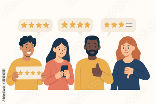 Customer reviews rating concept. Diverse people give feedback. Satisfaction survey. Thumbs up and down. Five stars quality review. Business support. Client opinion. User experience.