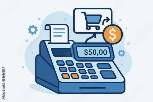Cash register for online payment. E-commerce and retail concept. Vector illustration of a POS terminal with receipt, shopping cart and dollar icon for digital transactions.