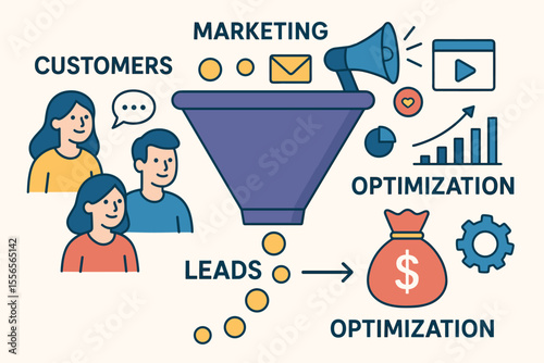Digital marketing sales funnel concept for lead generation. Vector illustration of the customer journey from advertising to conversion, profit, sales growth, and optimization.