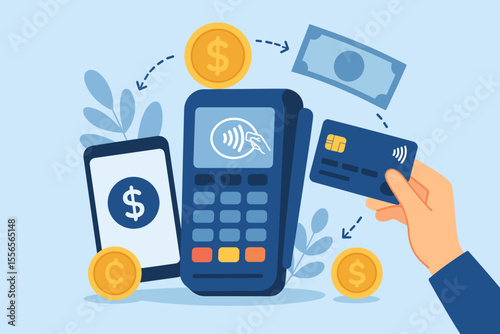 Contactless payment concept with hand holding a credit card at a POS terminal. Vector illustration of a financial transaction using NFC technology for a non-cash payment system.