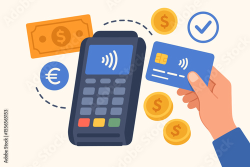 Contactless payment concept with credit card and POS terminal. Hand using NFC technology for cashless financial transaction. E-commerce, shopping and modern banking vector.