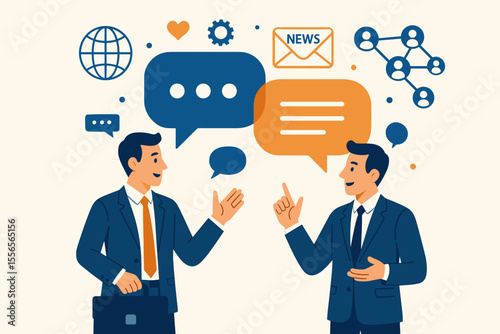 Two businessmen discuss social network news and media. Flat vector illustration of colleagues in dialogue. Business communication, chat, and global networking concept with icons.