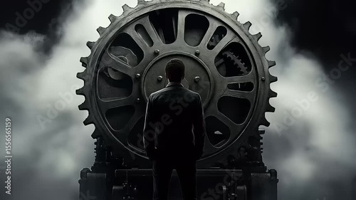 The Enigmatic Engineer: Contemplation Before the Gigantic Gear Mechanism