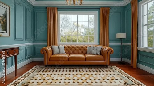 Elegant interior design featuring a classic brown leather sofa and patterned rug