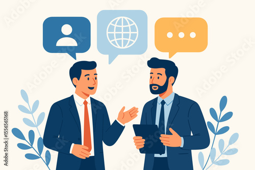 Businessmen discussing social network, news, and global business. Vector flat cartoon illustration of male colleagues talking with dialogue speech bubbles. Teamwork communication concept.