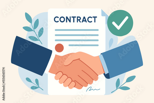 Business partnership concept with a handshake over a signed contract. Successful cooperation and agreement metaphor. Vector illustration of a deal confirmation with an approval icon.