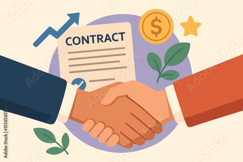 Business handshake concluding a contract. Concept of a successful partnership, cooperation, and deal. Financial agreement for profit and growth. Modern flat vector illustration.