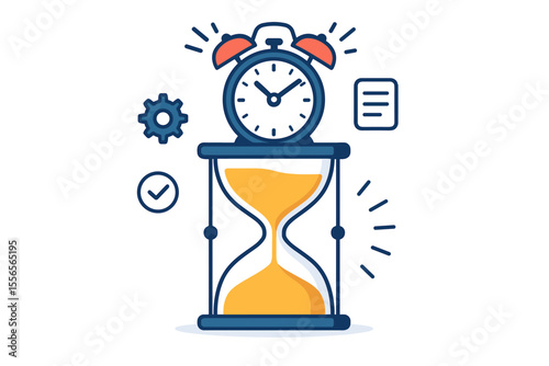 Time management concept with hourglass and ringing alarm clock. Vector illustration for business productivity, meeting deadlines, and effective planning. Workflow optimization concept.