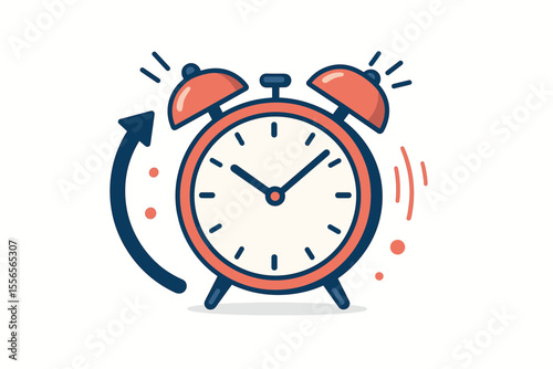 Alarm clock ringing vector illustration. Time management, deadline, urgency and schedule concept. Morning wake up call. Arrow for daylight saving time change, rewind, time back.