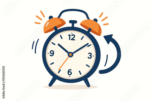 Classic retro alarm clock ringing icon. Time management concept with backward arrow for daylight saving or deadline. Wake up morning alert vector illustration. Schedule, timing symbol.