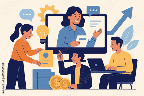 Business team collaboration in a virtual meeting. Online project management, brainstorming, and financial strategy. Concept for investment, performance, and company growth. Vector.