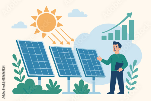 Solar Energy Concept with Modern Photovoltaic Panels, Sunlight Conversion, Green Growth Chart, Sustainable Technology, Renewable Power Generation, Eco-Friendly Electricity Production