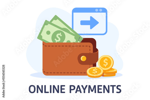 Digital wallet with cash and coins, online payment transaction concept, flat cartoon vector illustration. Electronic money transfer, finance, e-wallet, internet banking, secure payment icon