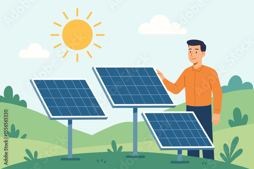 Solar Energy Concept Illustration. Renewable Energy Technology. Modern Solar Panels in Nature Landscape. Clean Green Power Generation. Sustainable Environmental Resource. Flat Vector Design