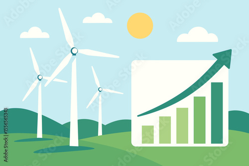 Wind Energy Growth Concept. Renewable Alternative Energy Generation. Technological Wind Turbines on Green Landscape. Rising Bar Chart. Clean Power Production. Eco Friendly Environment Illustration
