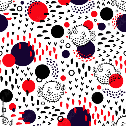 Pufferfish Seamless Pattern – Funky Fish, Doodles & Bold Dots in Red, Black & Blue