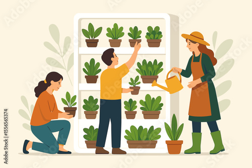 Indoor gardening teamwork, people growing potted plants on vertical phytomodule shelf, eco-friendly urban farming, sustainable home garden, modern flat vector illustration, creative green lifestyle