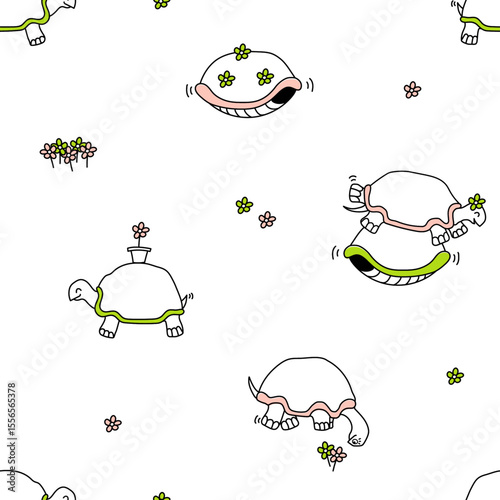 Happy Turtles Seamless Pattern – Cute Cartoon Tortoises & Flowers in Pink and Green