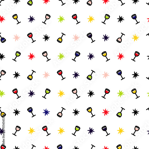 Party Glasses Seamless Pattern – Colorful Wine Glasses & Sparkles on White Background 