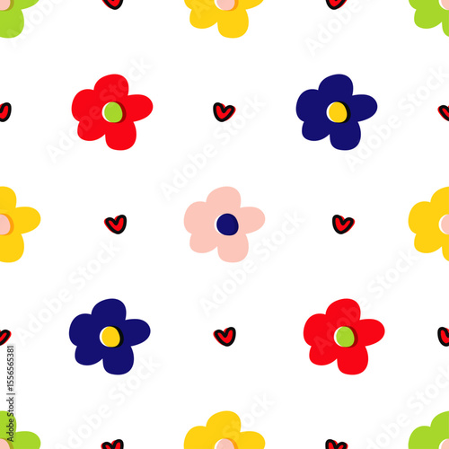 Playful Flower & Heart Seamless Pattern – Colorful Retro Spring Design 