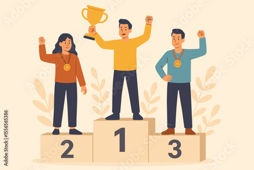 Victory podium celebration vector. Diverse people standing on first, second, third place. Winners holding trophy, medals. Award ceremony, achievement, competition success, teamwork, leadership concept