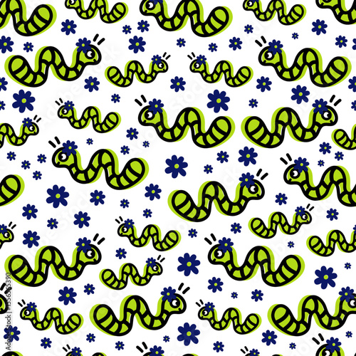 Happy Worm Seamless Pattern – Cute Green Cartoon Worms with Blue Flowers 