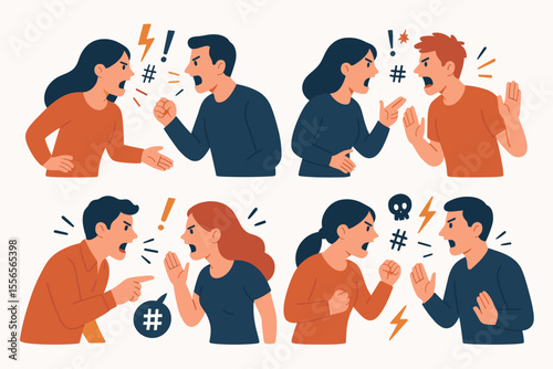 Angry couple argument vector set. Man and woman yelling, shouting, fighting, quarreling, swearing, aggressive communication, conflict, relationship problems, flat design illustration, white background