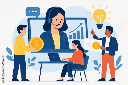 Virtual business collaboration concept. Team in an online meeting discusses financial strategy and investment. Remote work illustration with innovation idea and profit growth chart.