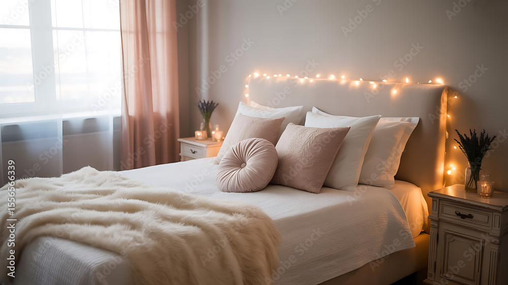 Fototapeta premium Cozy bedroom with warm lighting and soft bedding. 