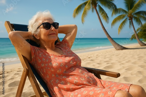 Senior woman relaxing on a tropical beach in a reclining chair under palm trees on a sunny day. concept of tranquility, leisure, and retirement vacation at oceanfront destination
