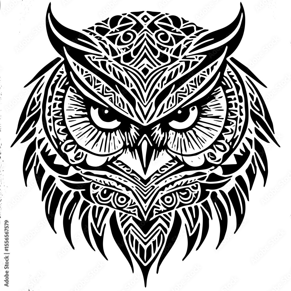 Obraz premium Owl face with symmetric tribal pattern, dark silhouette, vinyl-ready and tattoo-style graphic