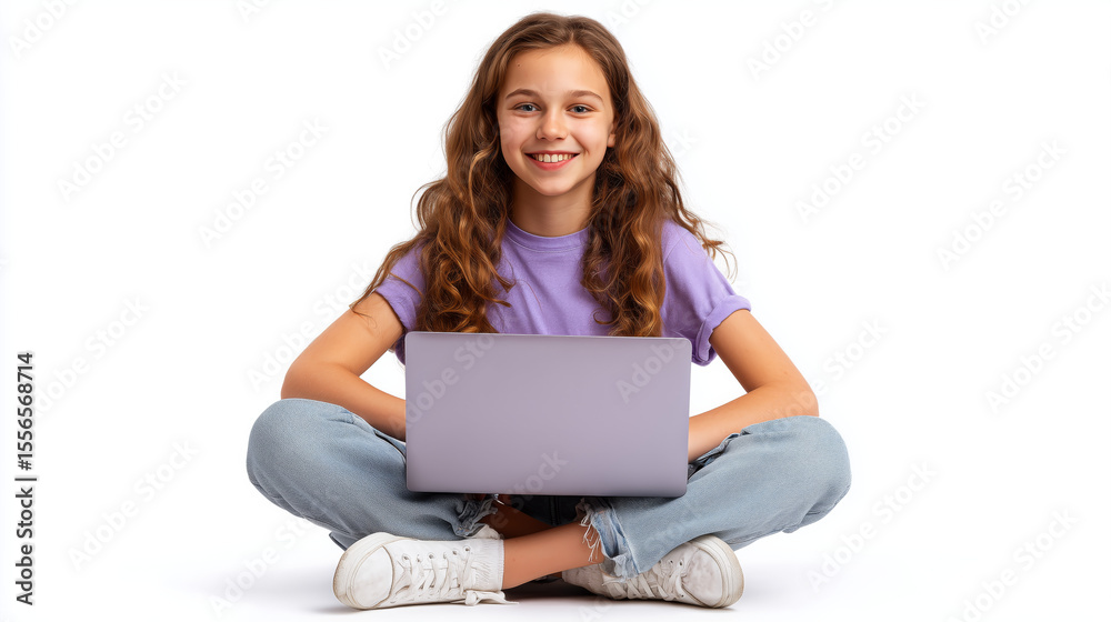 Young smiling brunette girl sitting with laptop on lap, casual clothing, learning at home or school, isolated white background, stock photo Young smiling brunette girl sitting with laptop on lap, casual clothing, learning at home or school, isolated white background, stock photo