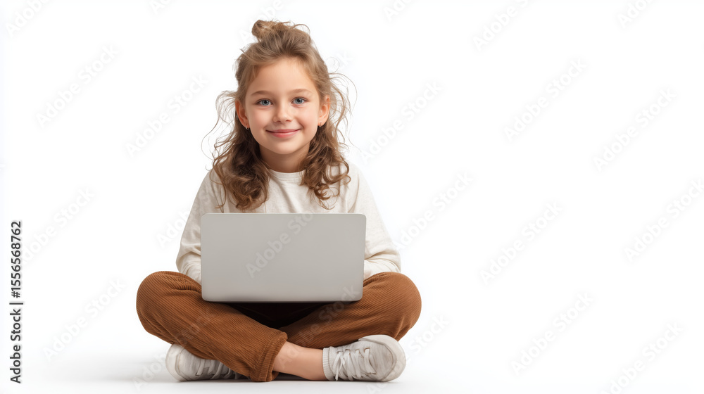 Young smiling girl sitting with laptop on lap, casual clothing, learning at home or school, isolated white background, stock photo Young smiling girl sitting with laptop on lap, casual clothing, learning at home or school, isolated white background, stock photo