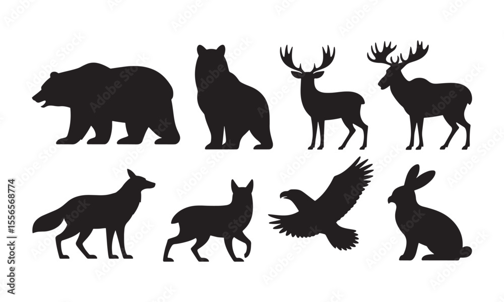 Obraz premium Wildlife Animal Silhouettes Collection Diverse Mammal and Bird Vector Icons for Nature Themes