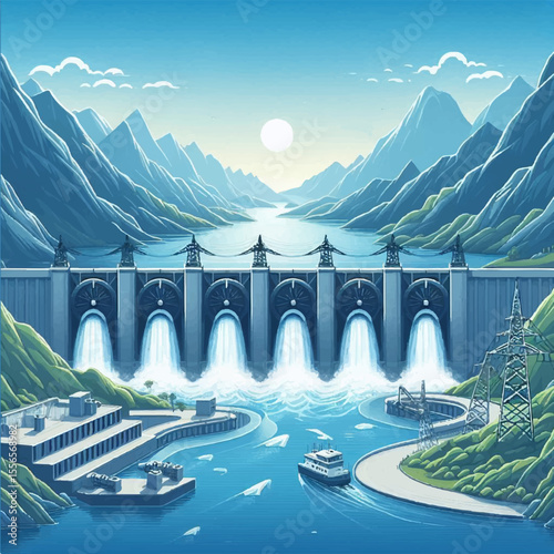 A hydroelectric power plant with turbines on the background of mountains and a river. The symbol of water as a renewable energy source and its importance for sustainable development. vector graphics. 