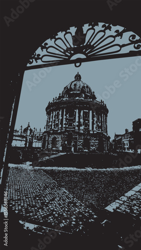Ornate domed building and cobblestones Oxford England.