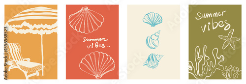 Minimalist retro postcards feature Hand drawn Line Art and Summer Vibes in Trendy Pastel Tones. Vector illustration