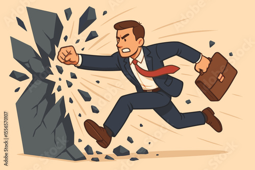 Businessman breaking obstacle with a punch. Concept for overcoming challenges, pushing limits and achieving success. Determined man in suit shatters wall. Leadership metaphor. Vector.