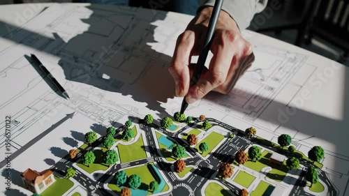 Urban planner meticulously drawing blueprints for a new eco friendly residential project, emphasizing green areas and sustainable urban development