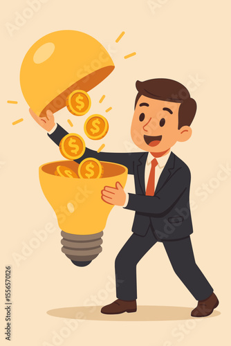 Businessman monetizing a great idea. Entrepreneur opening a lightbulb full of money. Concept of innovation, profit, financial gain, and return on investment. Vector cartoon.