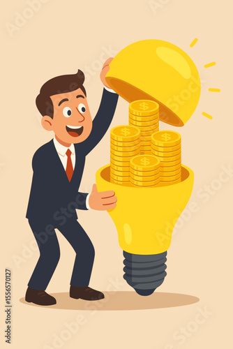 Businessman opens a lightbulb full of money. Concept of monetizing an idea, innovation for profit, financial success, and investment return. Creative business strategy metaphor. Vector.