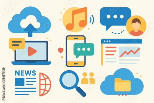 Cloud storage music file sharing, online communication, social network chat, video streaming, news, mobile messaging, website analytics, search, internet technology, web media icons set