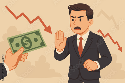 Businessman rejecting US dollar. De-dollarization concept, global financial crisis, economic recession. Man refusing money with stop gesture. Currency devaluation and inflation risk.
